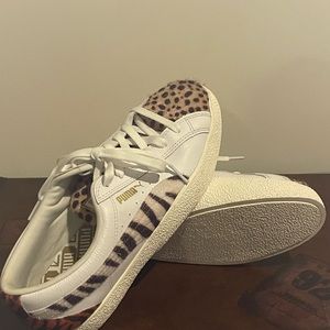 Puma White and Brown Leopard Print Sneakers